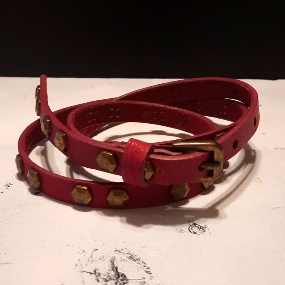 Pink Leather belt with Bronze octagon studs 34-38 (large)